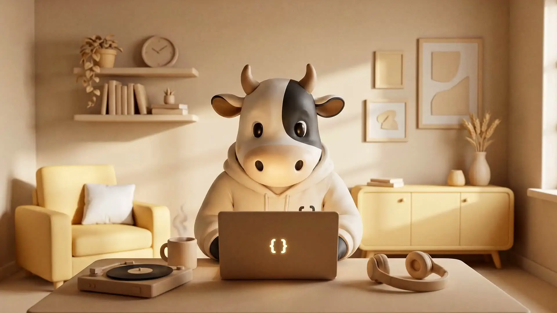 A claymation cow at its desk, about to open a very large AI bill