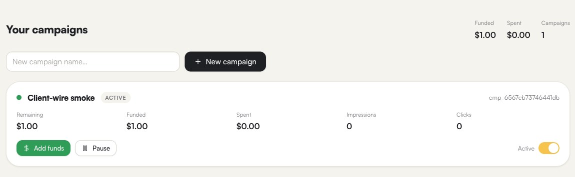 The live advertiser dashboard: campaigns, funding, impressions, clicks