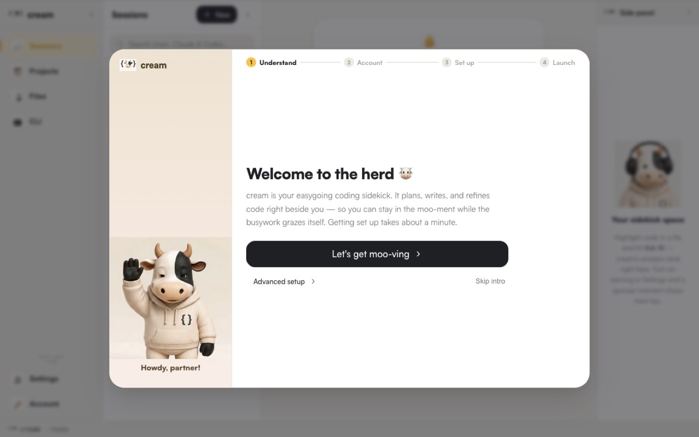 The cream desktop app: onboarding over the real session shell